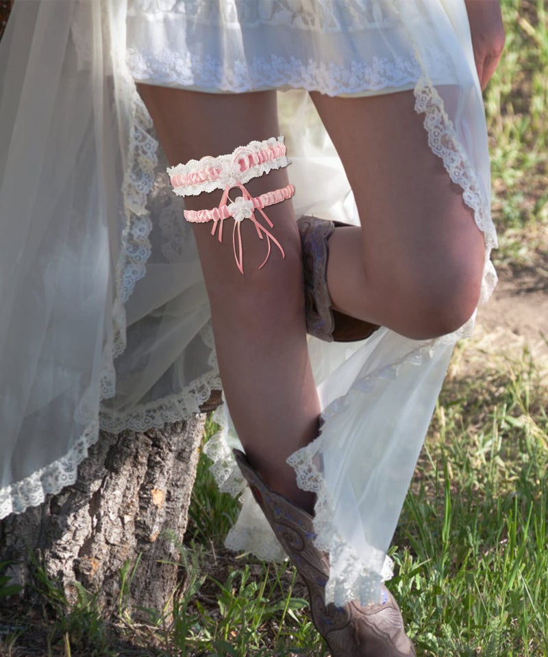 RIMOBUL 2 Pieces Wedding Garters Lace Bridal Garter Faux Pearls Garter for Bride with Toss Away (Pink) - Image 4